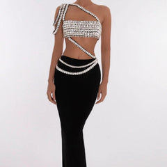 Summer Rhinestone Draping Shoulder Single Shoulder Shape Midriff Outfit Two-piece Dress - Trendy Mix