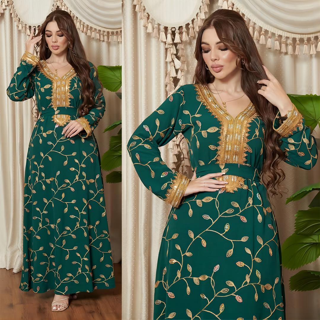 Embroidered Ocean Green Muslim Evening outfit with Belt - Trendy Mix