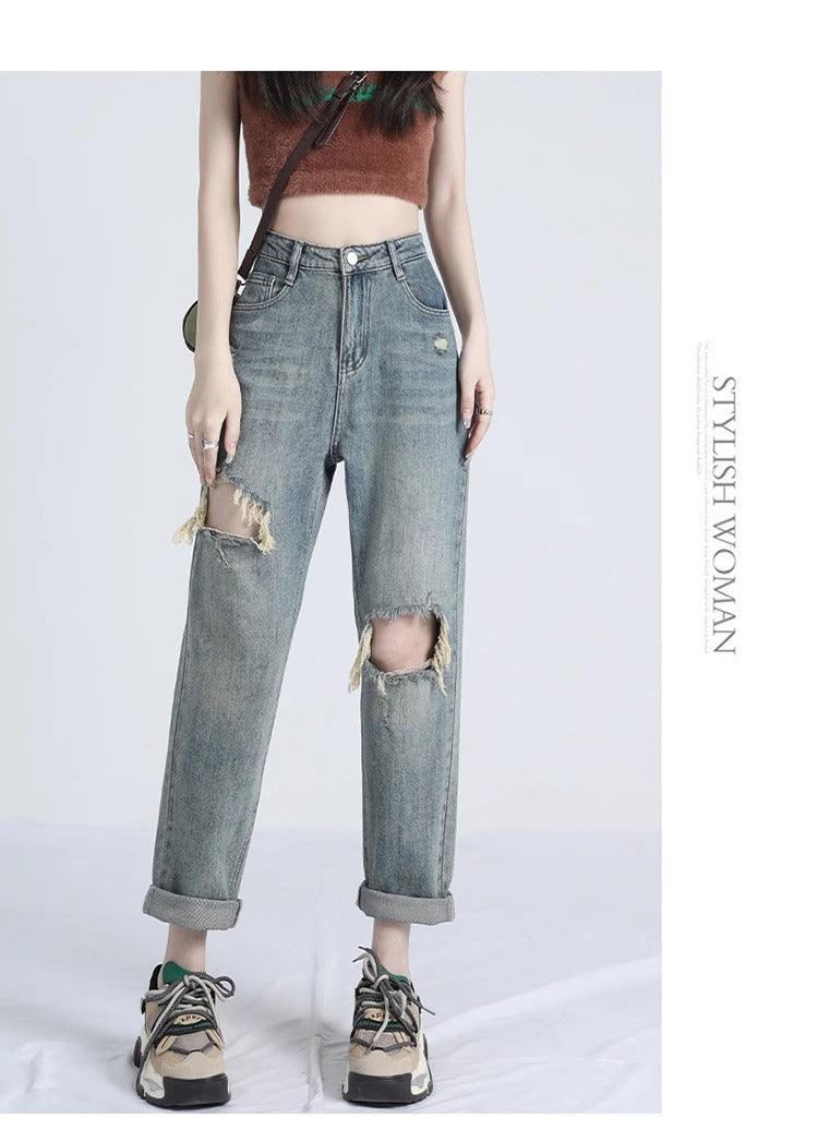 2024 Ripped Daddy Jeans for Women New High Waist Loose Small - Trendy Mix