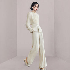 Chic Beige Apricot Long Sleeve Two-Piece Set with Wide-Leg Pants - Trendy Mix