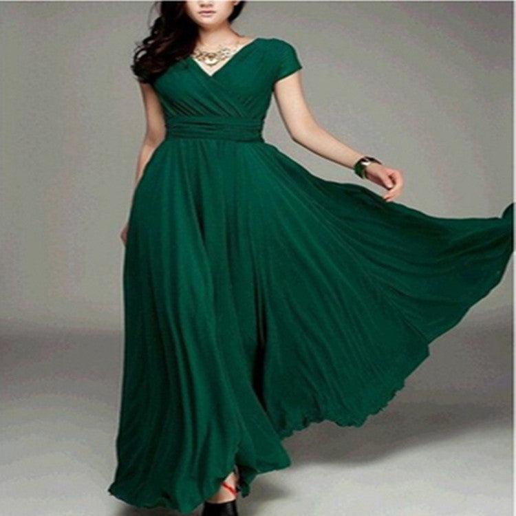 Explosion V-neck short-sleeved bohemian chiffon waist dress - Trendy Mix