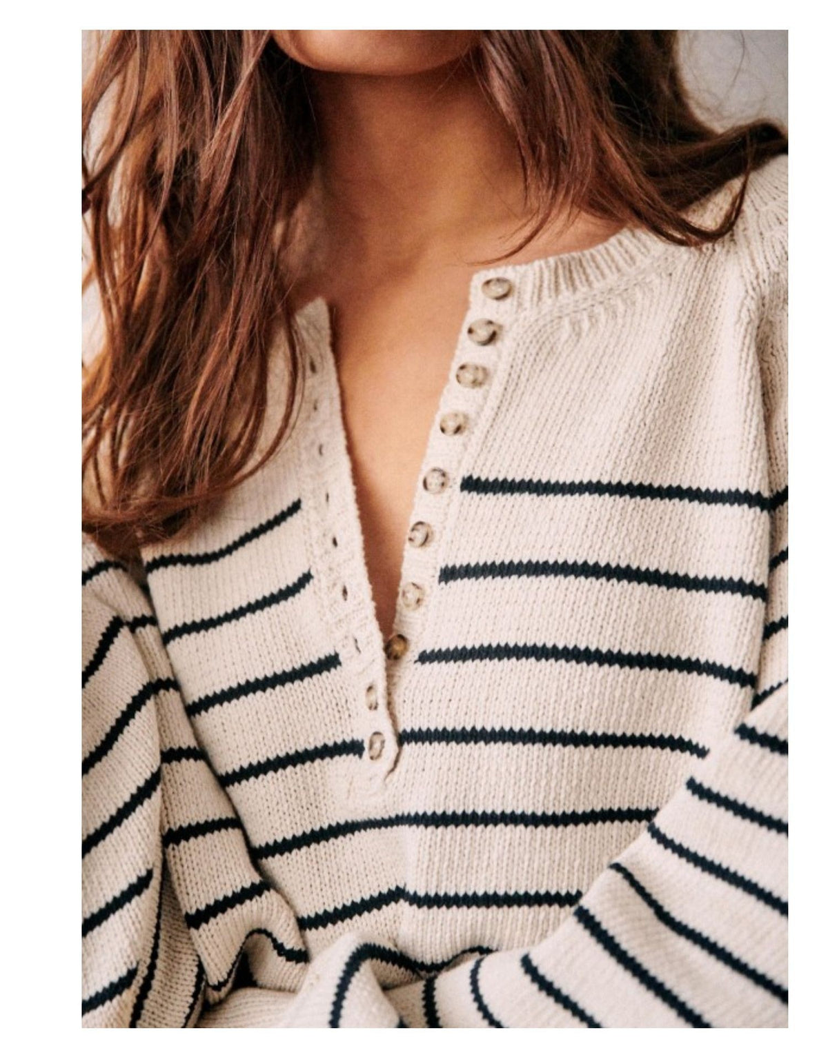 Women's Fashion Vintage Button Striped Long Sleeve Round Neck Puff Sleeve Sweater