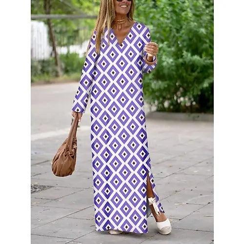 Summer Geometric V-Neck Long Dress - Trendy Mix