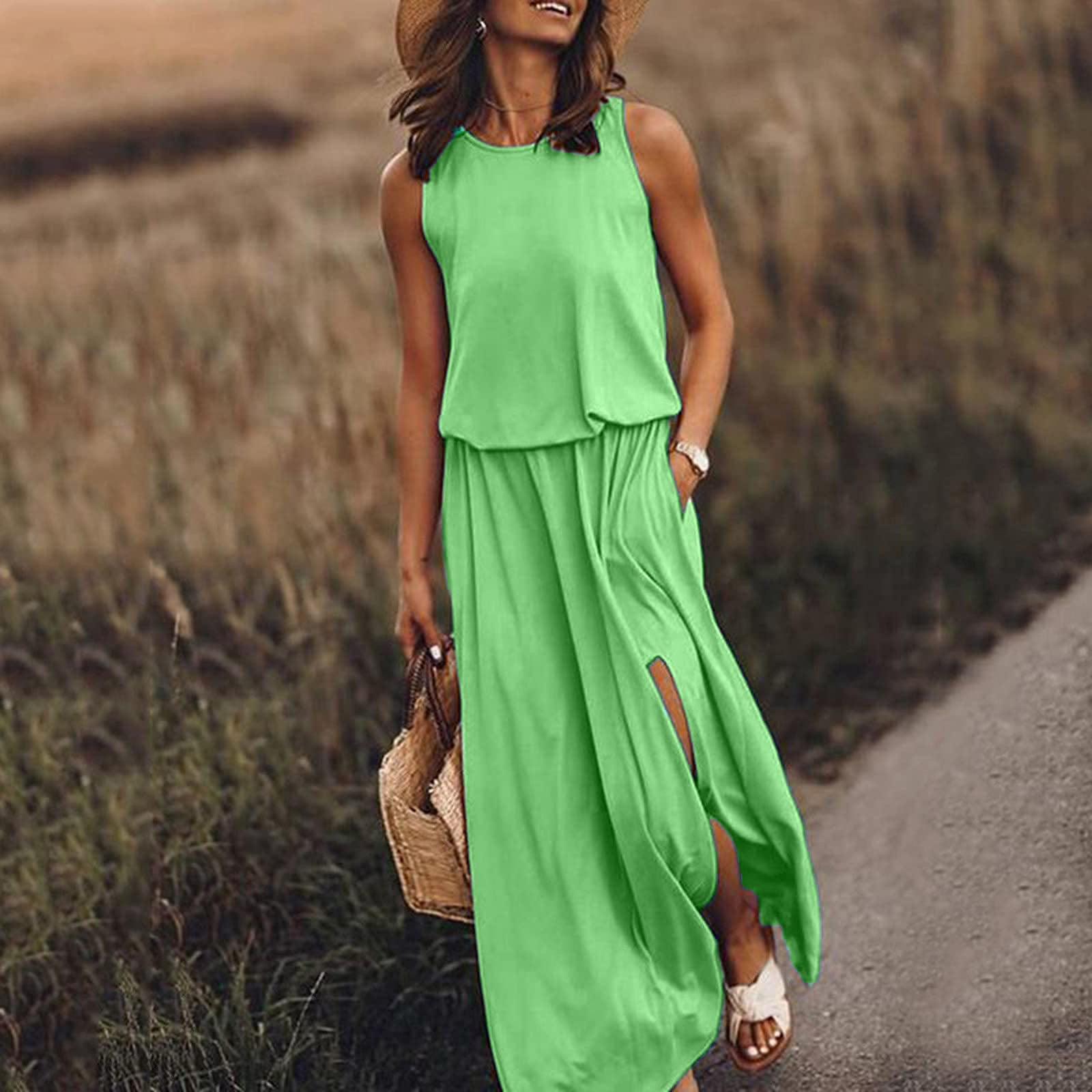 Women's Round Neck Sleeveless Split Solid Color Dress - Trendy Mix