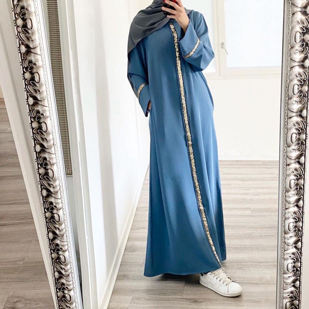 Sequined Long Sleeve Muslim Women's Robe with Colorful Trim - Trendy Mix