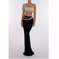 Summer Rhinestone Draping Shoulder Single Shoulder Shape Midriff Outfit Two-piece Dress - Trendy Mix