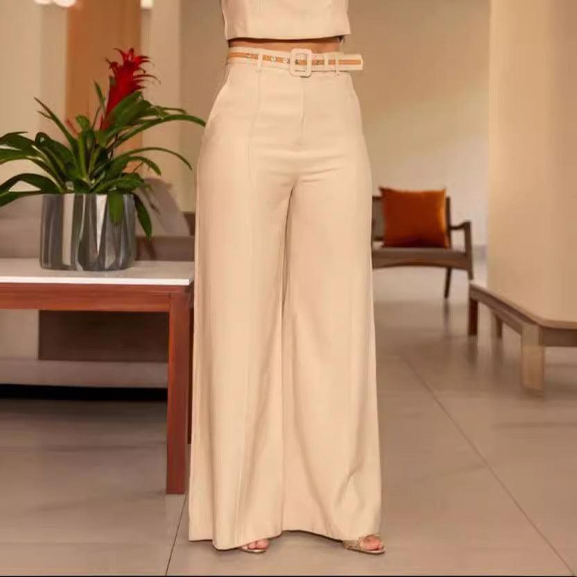 Solid Color Round Neck Sleeveless Short High Waist Wide Leg Pants Suit - Trendy Mix