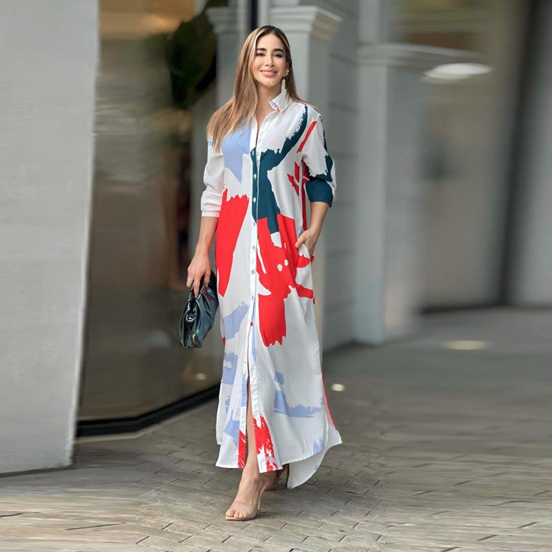 Women's Fashion Printed Long Sleeve Side Split Dress - Trendy Mix