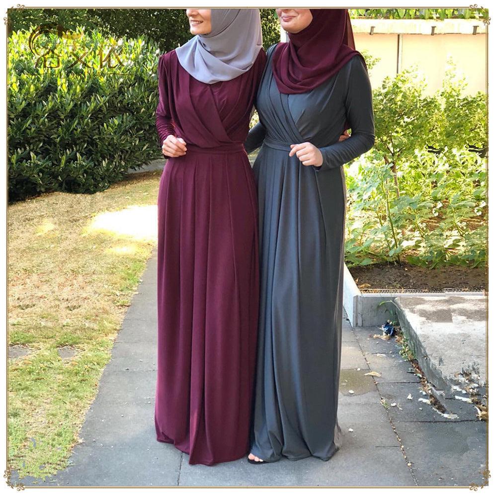 Muslim Women's Solid Color Long with V-Neck and Swing outfit - Trendy Mix