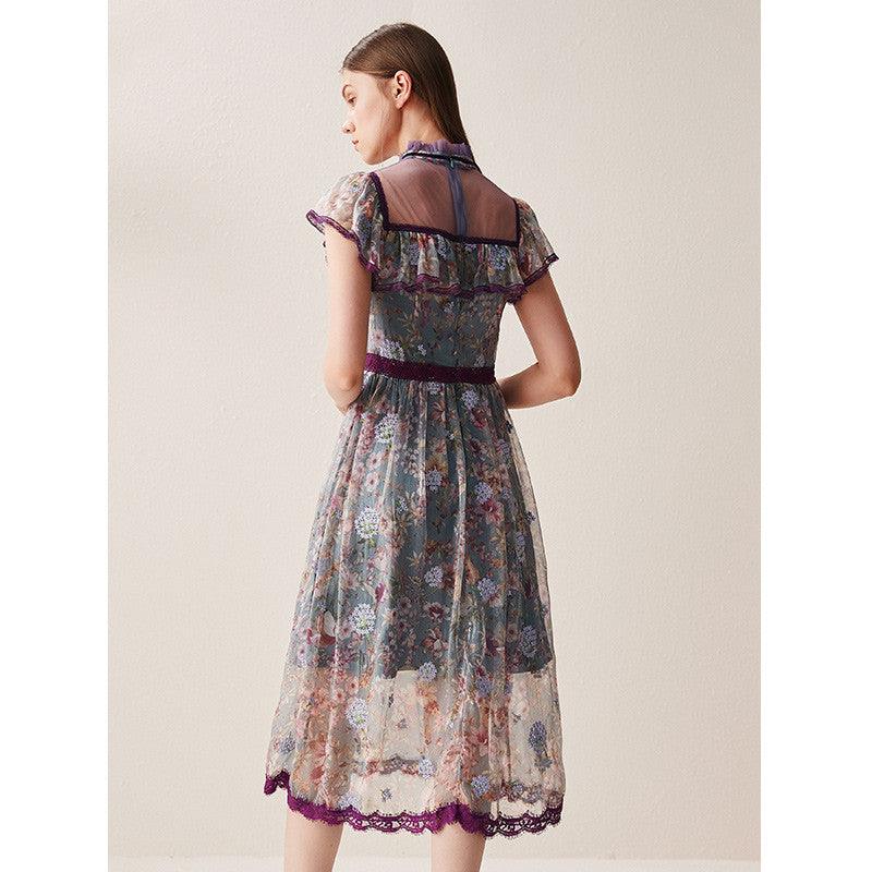 Printed mesh stitching lace dress - Trendy Mix