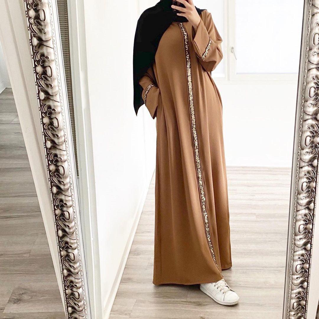 Sequined Long Sleeve Muslim Women's Robe with Colorful Trim - Trendy Mix