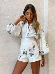 Women's Casual Shirt High Waist Printed Shorts Suit - Trendy Mix