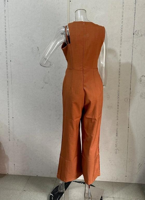 Chic Sleeveless High Waist Wide Leg Jumpsuit with Hollow Out Design in Light Brown - Trendy Mix