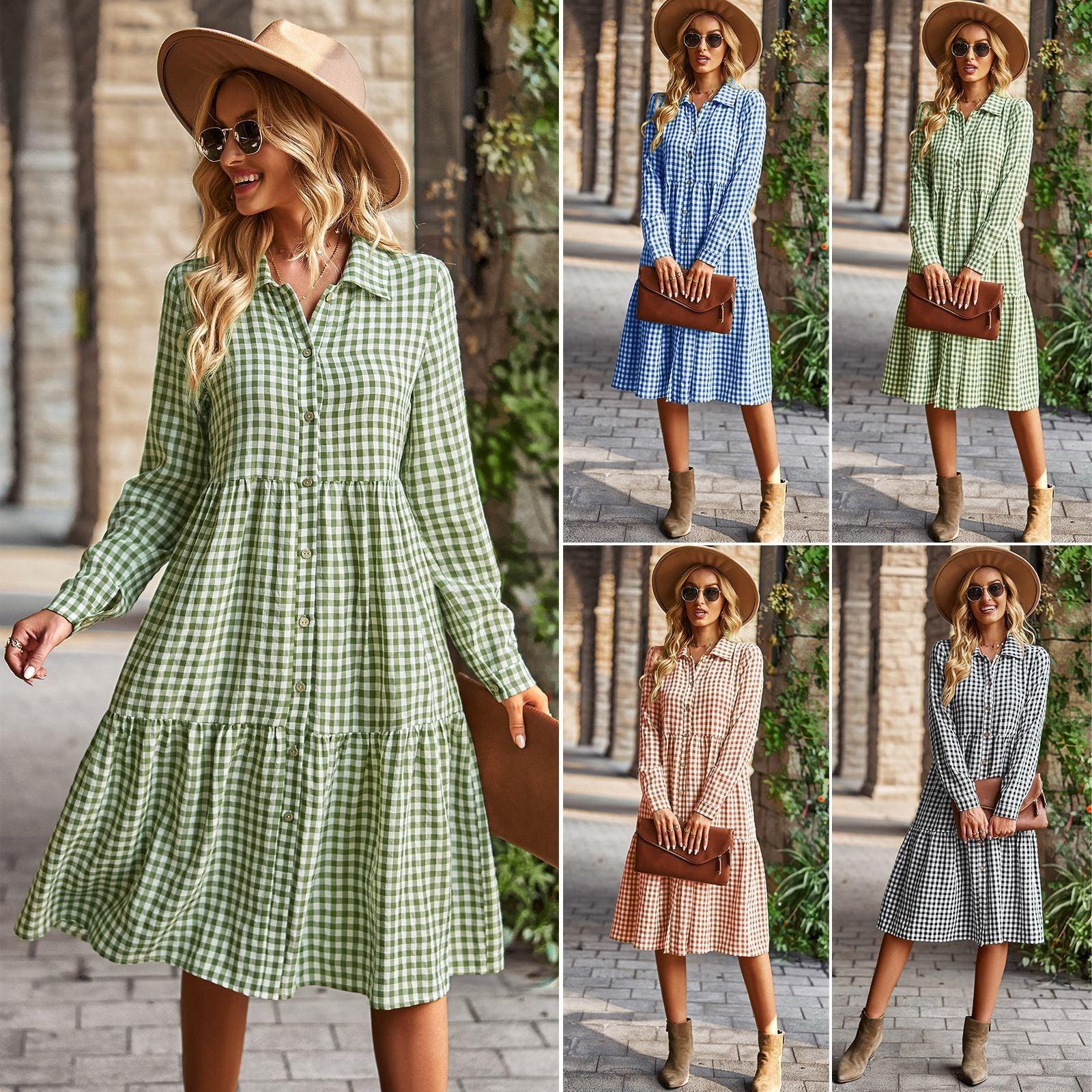 Wide Hem Long Sleeve Dress Plaid Casual Dress - Trendy Mix