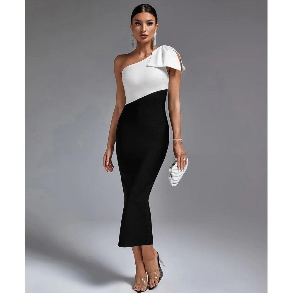 Shoulder Bow Stitching Long Bandage One-piece Dress - Trendy Mix