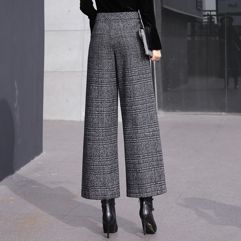 High Waist Coarse Flower Plaid Wide Leg Pants