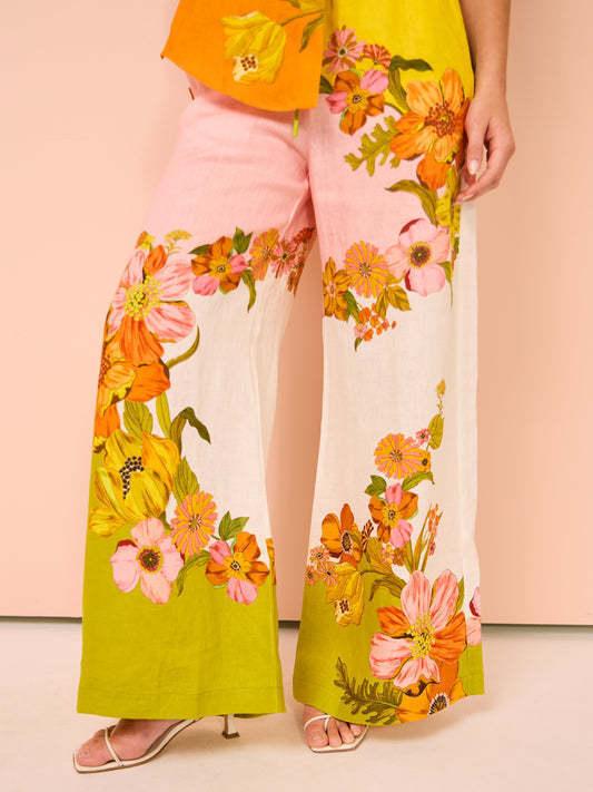 Printed Cotton And Linen Two-piece Suit Outfit Top Wide-leg Pants - Trendy Mix