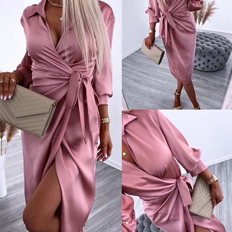 European And American Satin Waist Shirt Dress - Trendy Mix