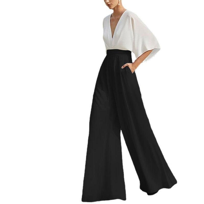 Chic Women's V-Neck High-Waisted Wide Leg Jumpsuit - Trendy Mix