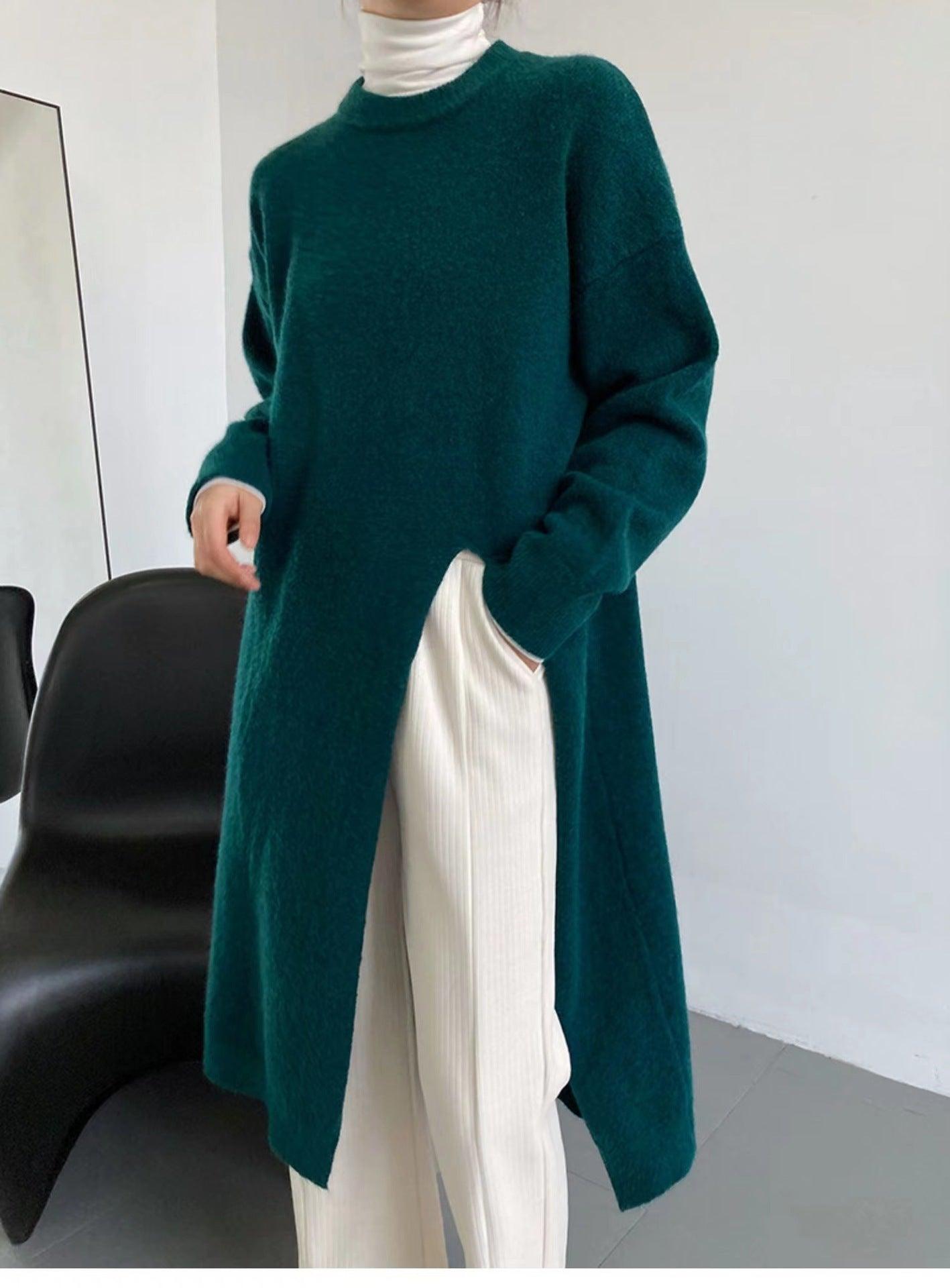 Autumn And Winter Loose Side Slit Long Knitted Sweater Dress