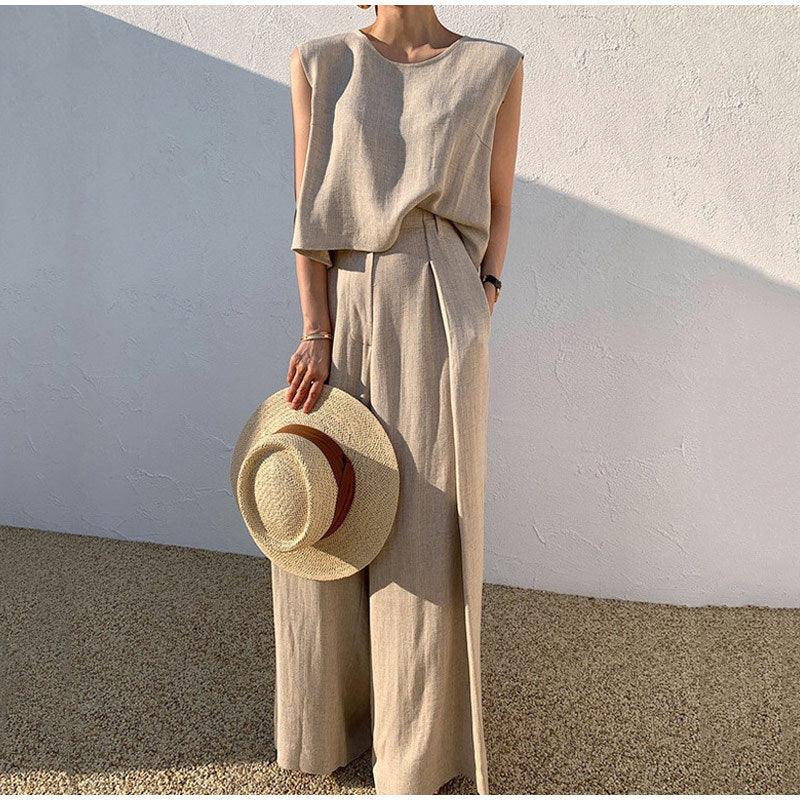 Cotton And Linen Casual Sleeveless Top Wide Leg Pants Two-piece Set - Trendy Mix