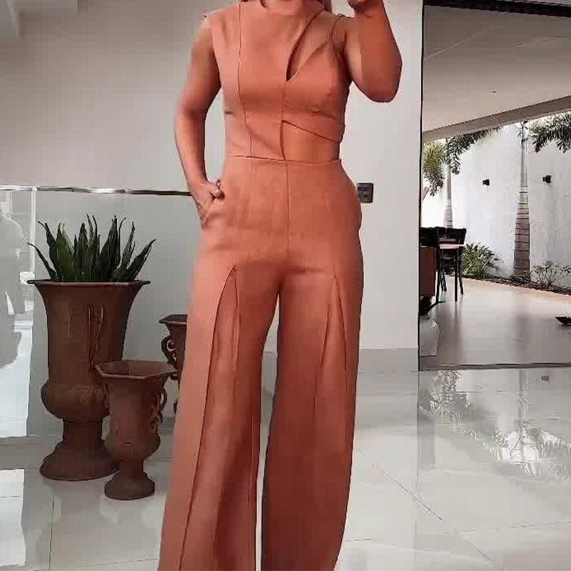 Chic Sleeveless High Waist Wide Leg Jumpsuit with Hollow Out Design in Light Brown - Trendy Mix