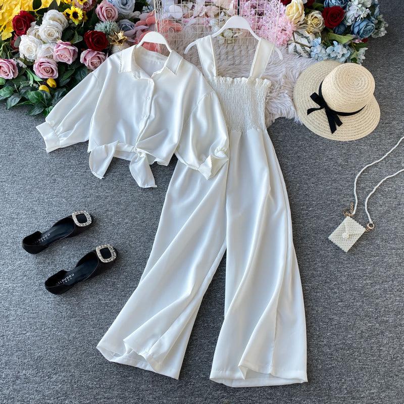 Chic High-Waisted Wide Leg Jumpsuit with Shirt Overlay - Trendy Mix