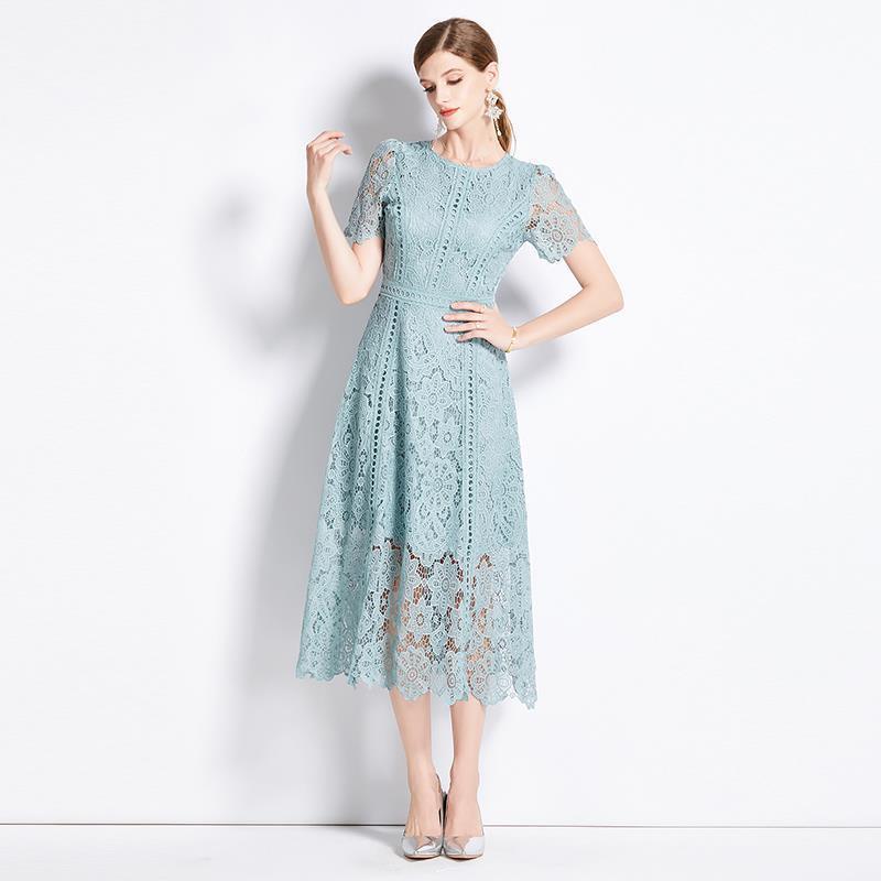 Round Neck Ruffle Sleeve Lace Slimming Temperament Elegant Dress - Trendy Mix