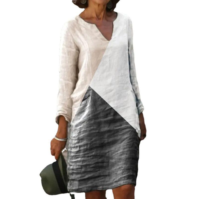 Fashion Stitching Contrast Color V-neck Long Sleeve Cotton And Linen Dress - Trendy Mix