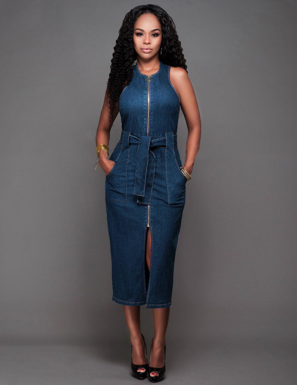 Fashion Sleeveless Denim Slim Dress Midi Skirt - Trendy Mix