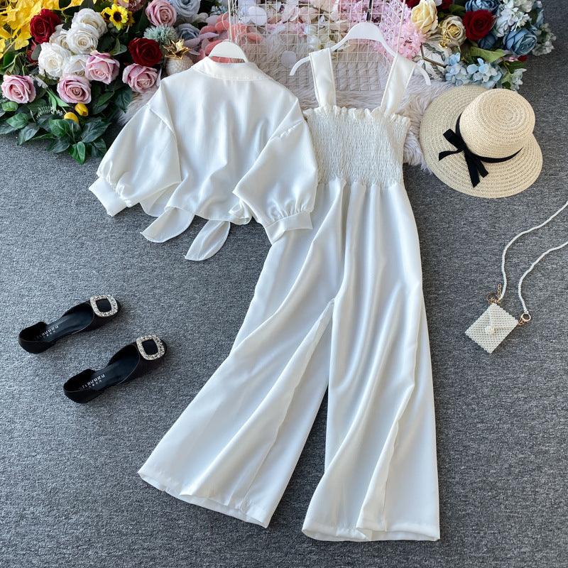 Chic High-Waisted Wide Leg Jumpsuit with Shirt Overlay - Trendy Mix