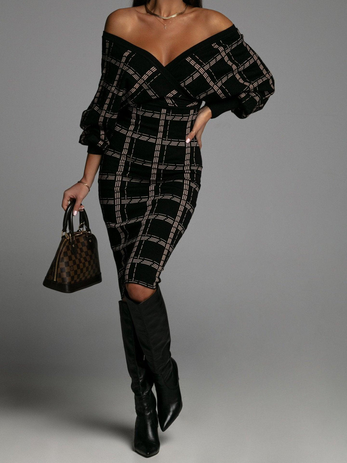 Plaid Batwing Sleeve Sexy Bodycon Dress - Trendy Mix