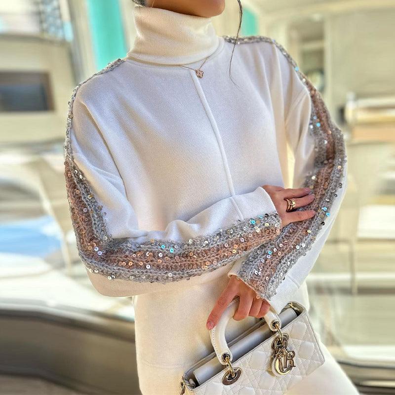 Turtleneck Fashion Niche Sequin Trim Blouse And Pants - Trendy Mix