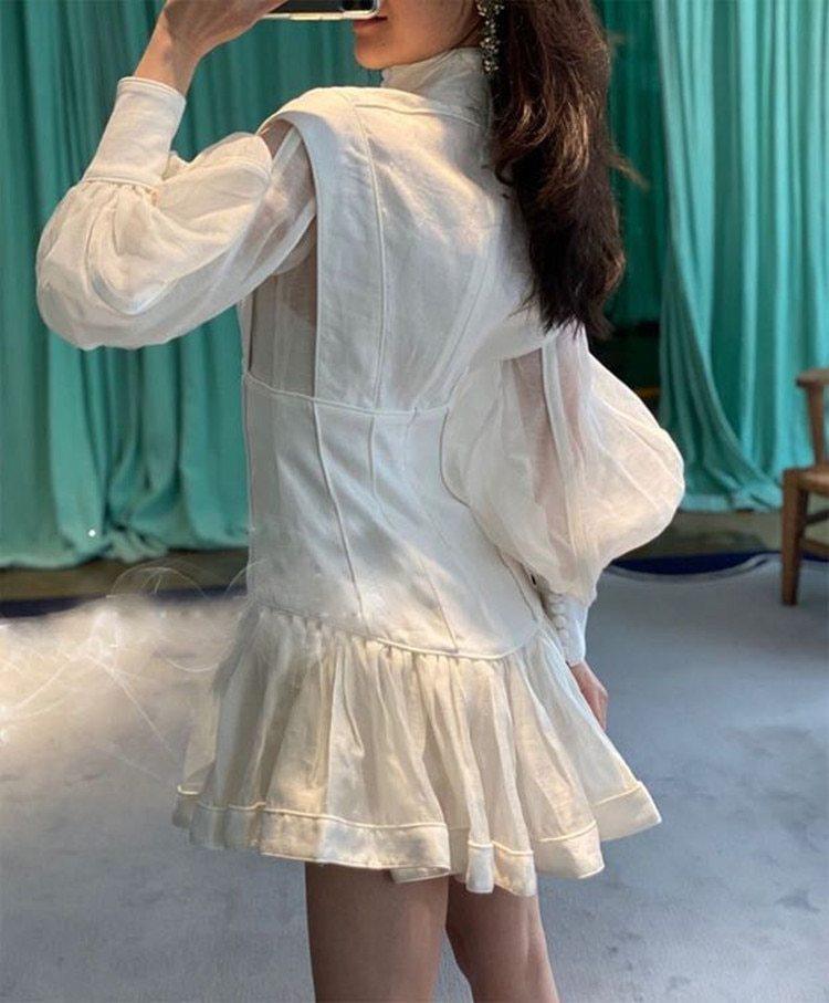 High-end Custom Fashion Runway Dresses Stereoscopic Cut Slender Button with Bubble Sleeves Ladies Dress - Trendy Mix