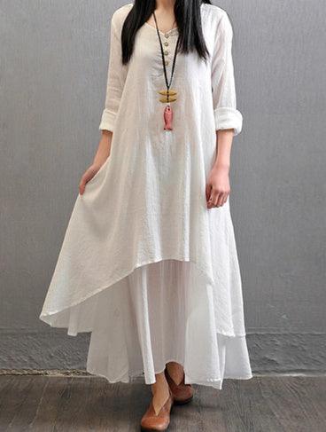 V Neck Retro Linen-Cotton Dress - Trendy Mix