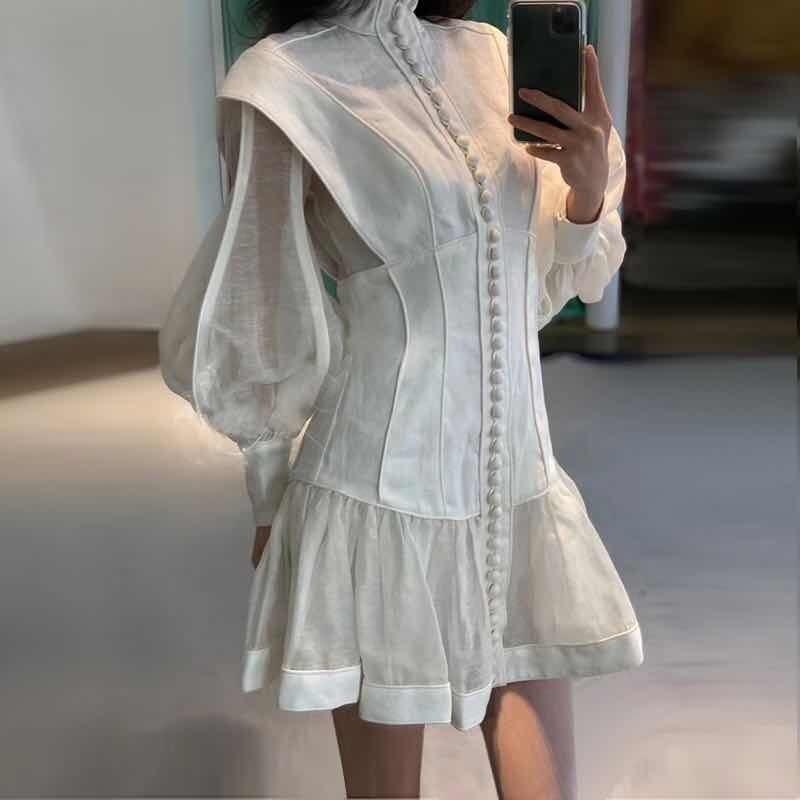 High-end Custom Fashion Runway Dresses Stereoscopic Cut Slender Button with Bubble Sleeves Ladies Dress - Trendy Mix