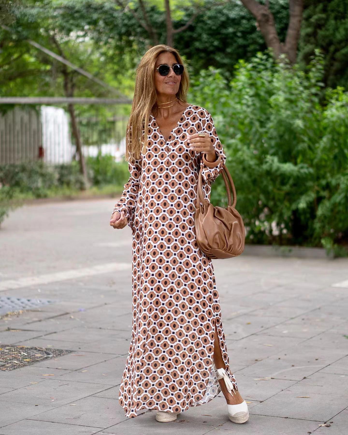 Summer Geometric V-Neck Long Dress - Trendy Mix