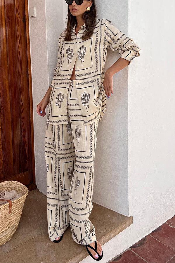 Printed Long-sleeved Shirt And Trousers Two-piece Suit Home Wear - Trendy Mix