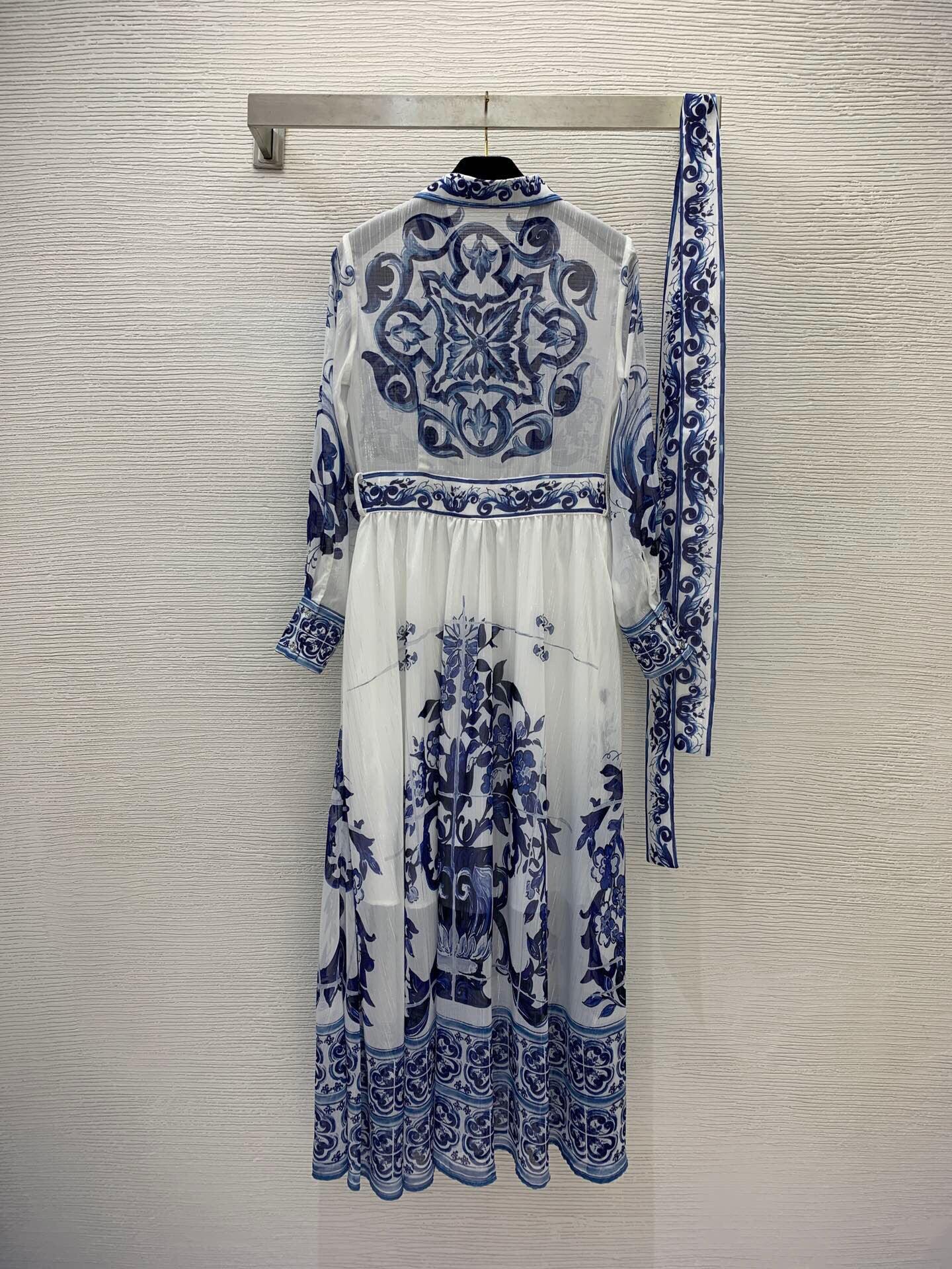 Blue And White Porcelain Printed Long Sleeve Big Hem Waist Slimming Dress - Trendy Mix