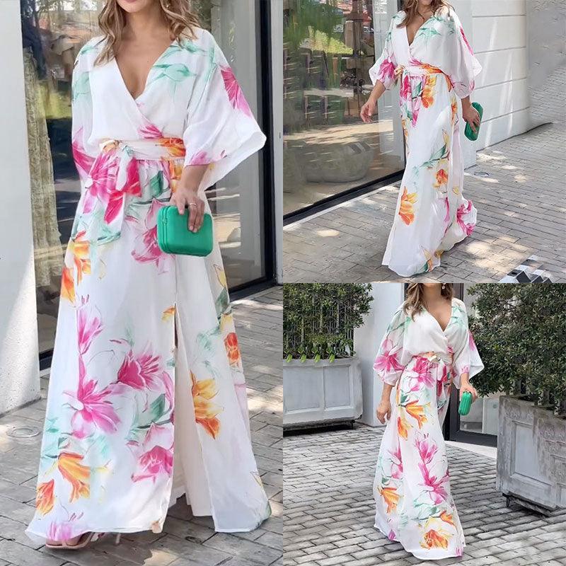 Batwing Sleeve Lace Printing Loose Dress Women - Trendy Mix