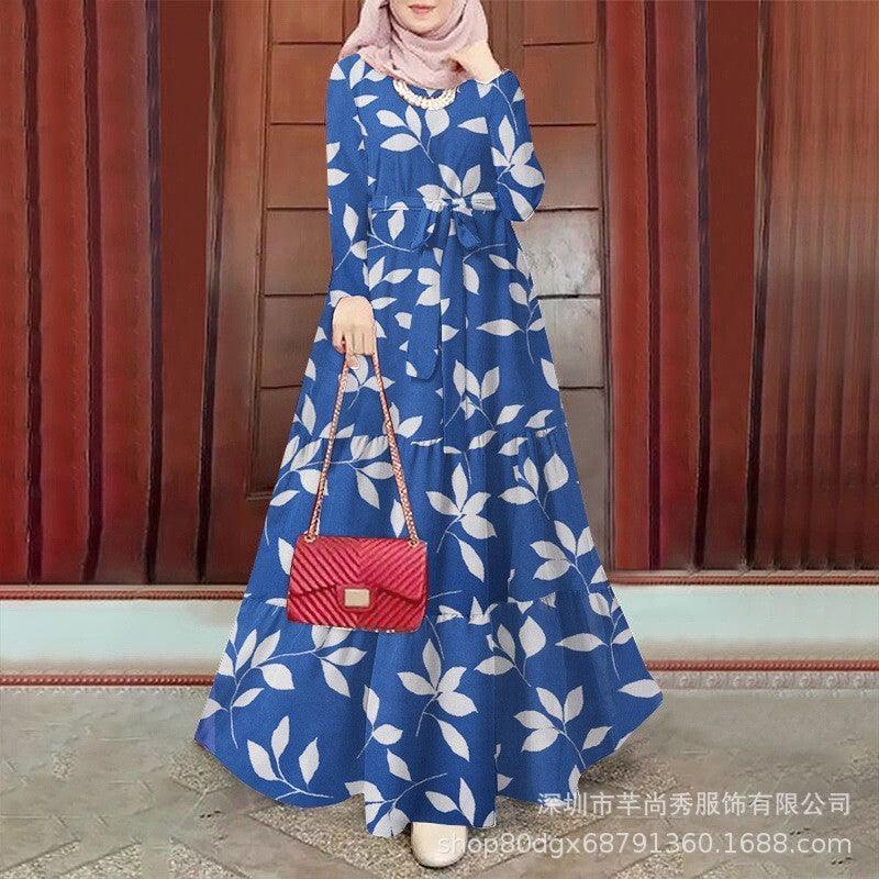 Muslim Floral Print Long Sleeve Swing outfit with Lace - Trendy Mix