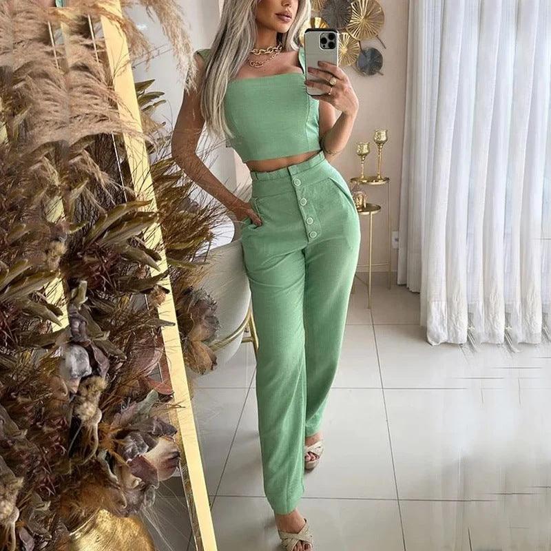 Solid Color Short Crop-top Spaghetti-strap Top High Waist Trousers Two-piece Set - Trendy Mix