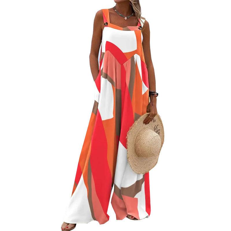 Casual Sleeveless Wide Leg Jumpsuit with European and American Prints for Women - Trendy Mix