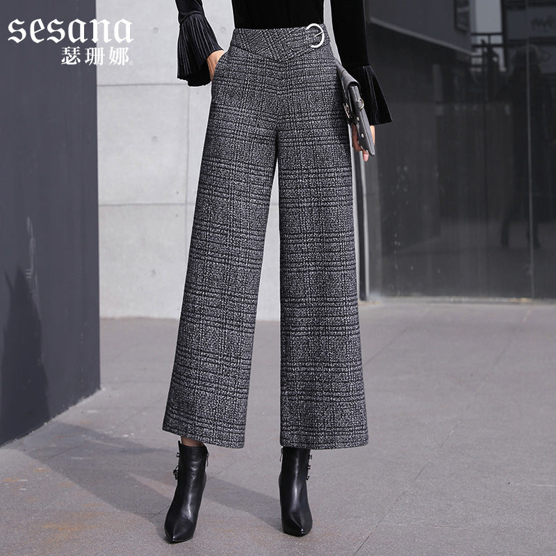 High Waist Coarse Flower Plaid Wide Leg Pants