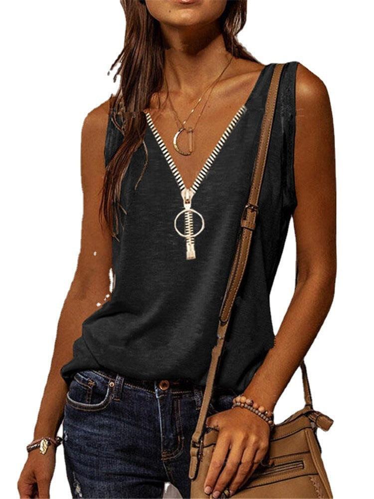 Women's V-Neck Low Cut Color Contrast Loose Sleeveless T-Shirt Tank Top - Trendy Mix