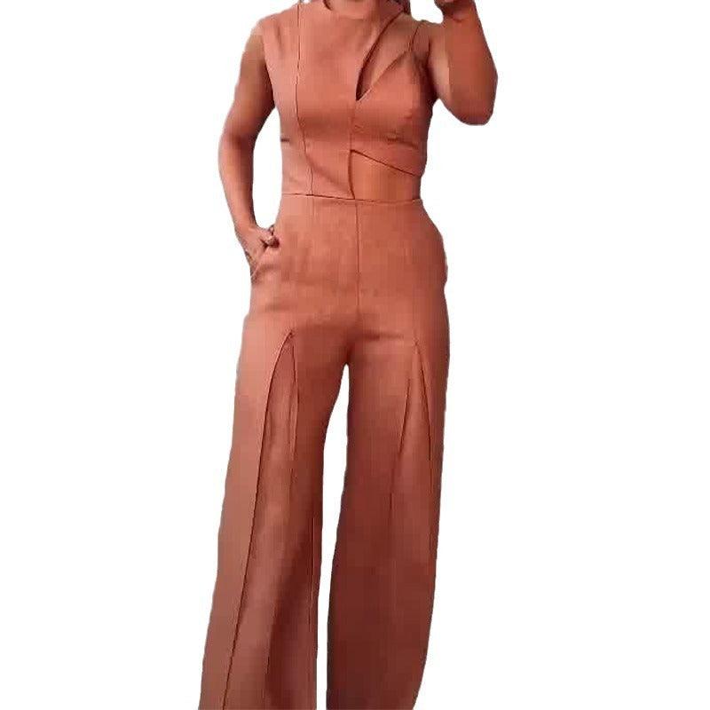 Chic Sleeveless High Waist Wide Leg Jumpsuit with Hollow Out Design in Light Brown - Trendy Mix