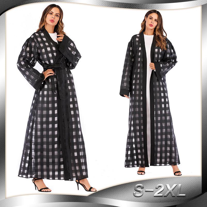 Muslim Ladies' Checkered Loose-Fit Lace-Up Robe - Trendy Mix