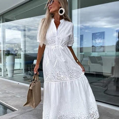 Women's New Fashion Button Strap Short Sleeve Waist-controlled Mid-length Dress - Trendy Mix