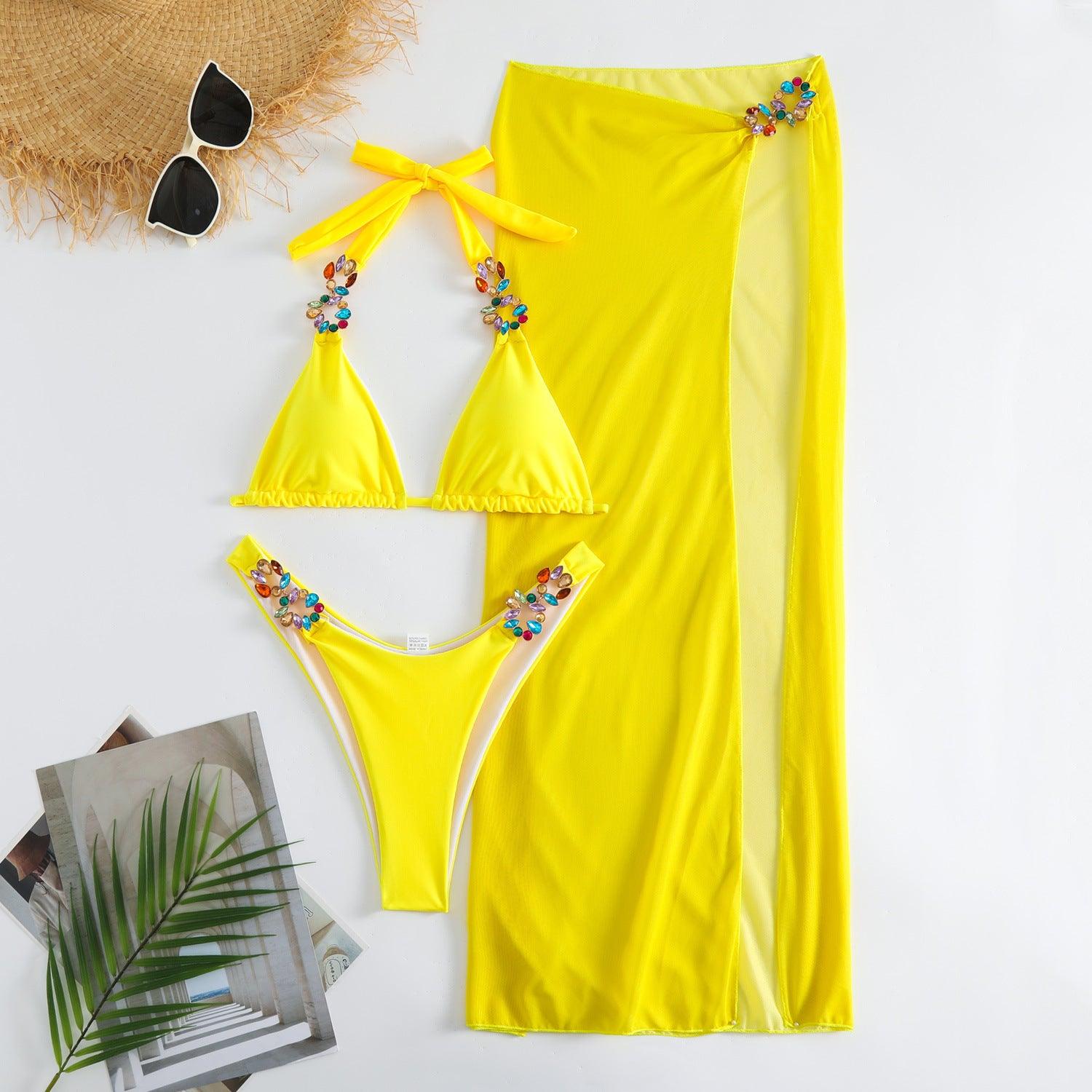 Trendy Three-Piece Bikini Set in Rose Red and Yellow - Trendy Mix