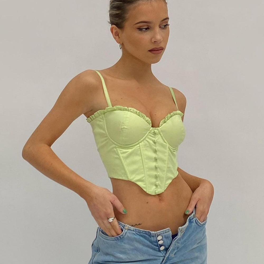 Lace-Collared Fishbone Corset Crop Top - Trendy Mix